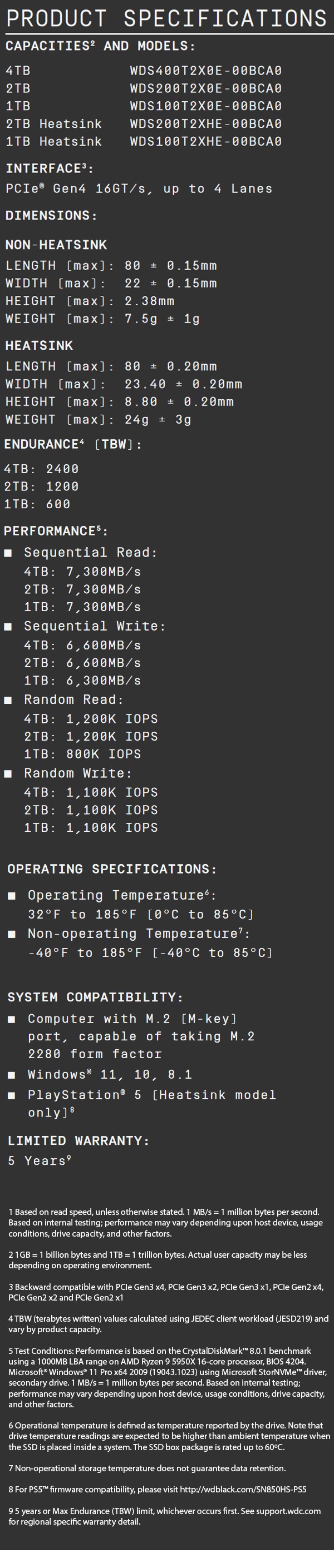 WD Black SN850X 4TB PCIe 4.0 NVMe M.2 2280 SSD - WDS400T2X0E - Desktop Specifications